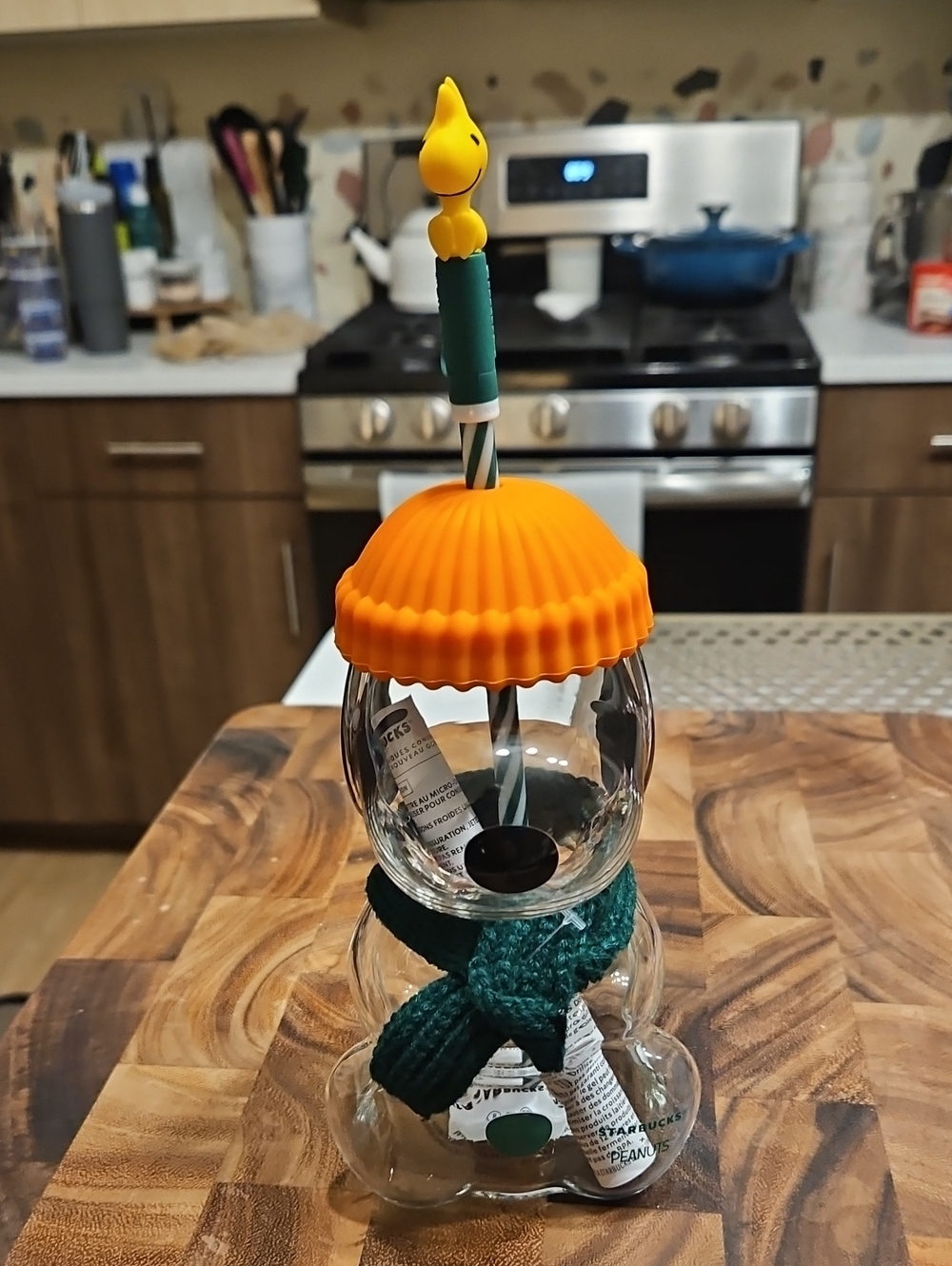 Starbucks Clear Snoopy Glass Tumbler with Orange Hat and Woodstock Straw Topper